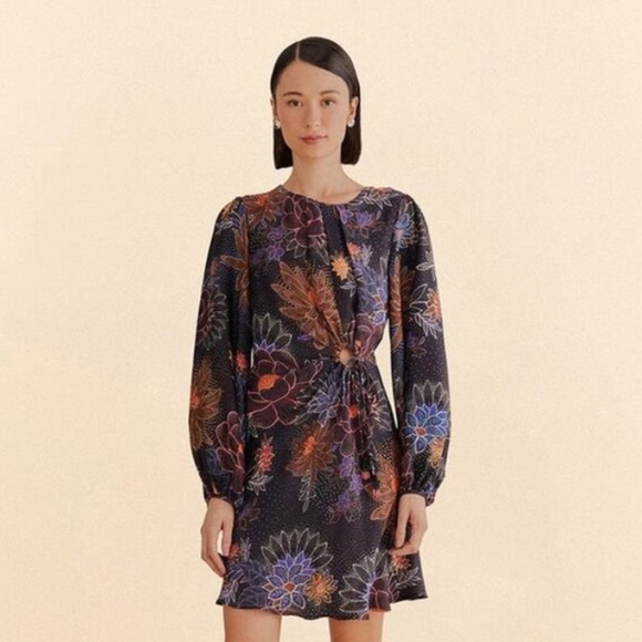 Farm Rio Sparkle Flowers Mini Dress Floral Print Circle Cut-Out Size XS - Picture 2 of 8